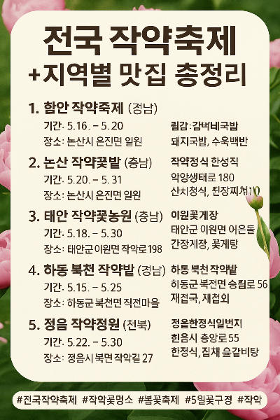 전국 작약축제 어디 갈까? + 지역별 꽃구경 맛집 총정리
