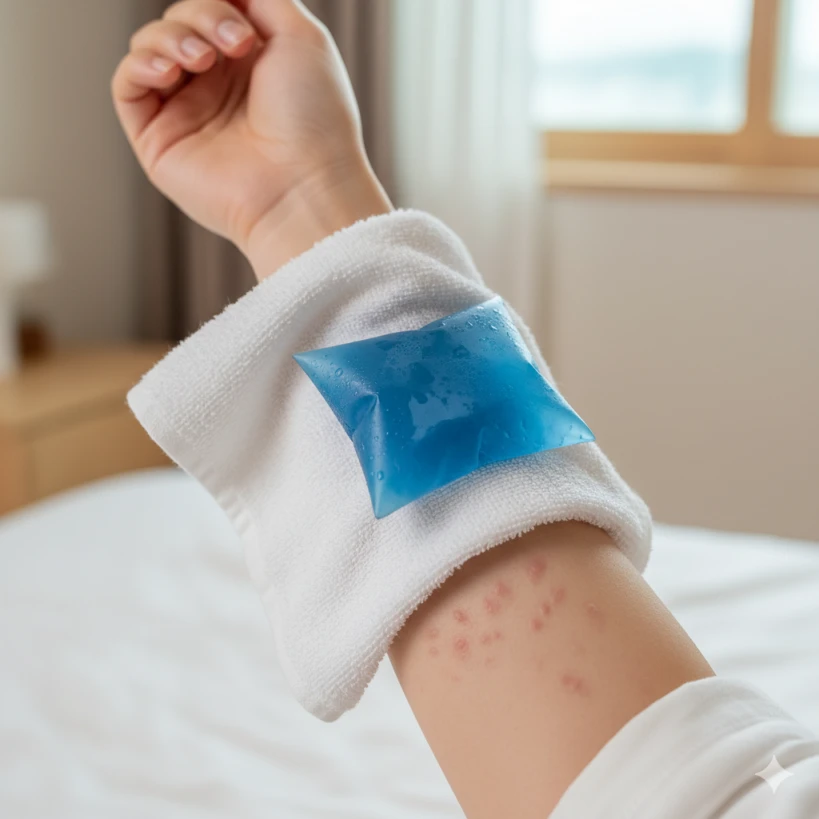가려움증 완화를 위해 수건으로 감싼 깨끗한 냉찜질 팩을 피부 발진에 대고 있는 모습.