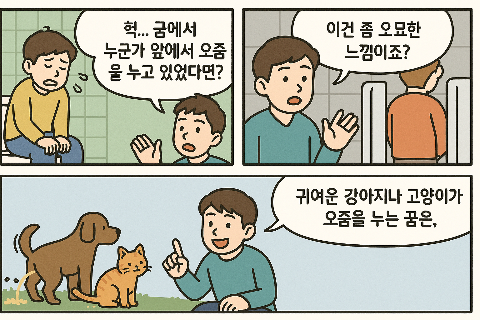 컷 만화. 첫 번째 컷은 화장실에 앉아 있는 남자 캐릭터가 땀을 흘리며 당황하고 있고, 다른 캐릭터가 ‘헉… 꿈에서 누군가 앞에서 오줌을 누고 있었다면?’이라고 말하고 있다. 두 번째 컷은 캐릭터가 '이건 좀 오묘한 느낌이죠?'라며 누군가의 소변 장면을 바라보고 있다. 세 번째 컷은 강아지와 고양이가 소변을 누고 있는 모습을 배경으로 캐릭터가 '귀여운 강아지나 고양이가 오줌을 누는 꿈은,'이라며 해석을 설명하고 있다.