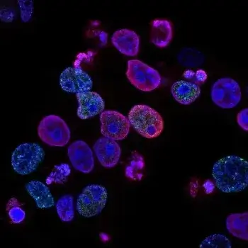 검정색 배경에 유기적으로 배치 되어있는 보라색과 푸른색의 여러개의 세포들.