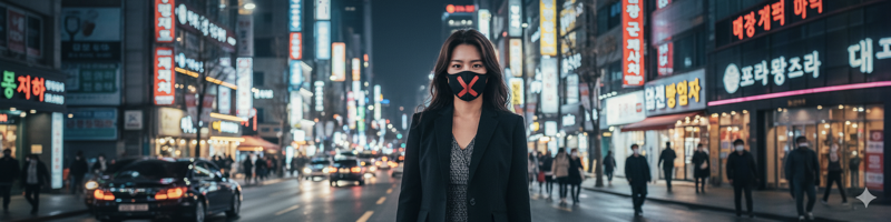 도시에서 목감기 때문에 마스크를 쓴 여성이 서있는 모습