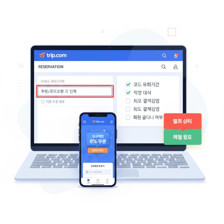 트립닷컴 예약 결제 화면에 &lsquo;쿠폰/프로모션 코드 입력&rsquo; 칸이 강조되어 있고, 옆에 체크리스트(코드 유효기간&middot;적용 대상&middot;최소 결제금액&middot;통화&middot;회원 로그인 여부)가 표시된 일러스트. 아래에는 앱 화면에서 &lsquo;신규회원 8% 쿠폰&rsquo; 배너가 떠 있고, 한쪽에는 결제 오류 팝업(결제 실패)이 &lsquo;해결 완료&rsquo;로 바뀌는 장면. 파란&middot;주황 컬러 기반, 16:9 고해상도 UI 스타일
