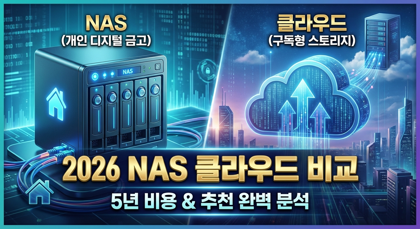 2026년 NAS와 클라우드 스토리지의 5년 비용 비교와 추천 분석을 나타내는 미래지향적인 썸네일 이미지입니다. 왼쪽에는 NAS 장치가 '개인 디지털 금고'로, 오른쪽에는 클라우드 아이콘이 '구독형 스토리지'로 대비되어 있으며, 중앙에 '2026 NAS 클라우드 비교, 5년 비용 & 추천 완벽 분석' 문구가 강조되어 있습니다.