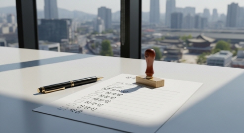 서류 위에 펜과 도장, 체크리스트가 놓인 장면