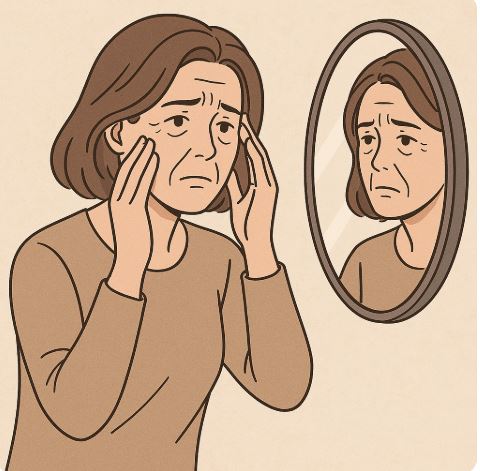 거울을 보며 속상해 하는 중년 여자 모습