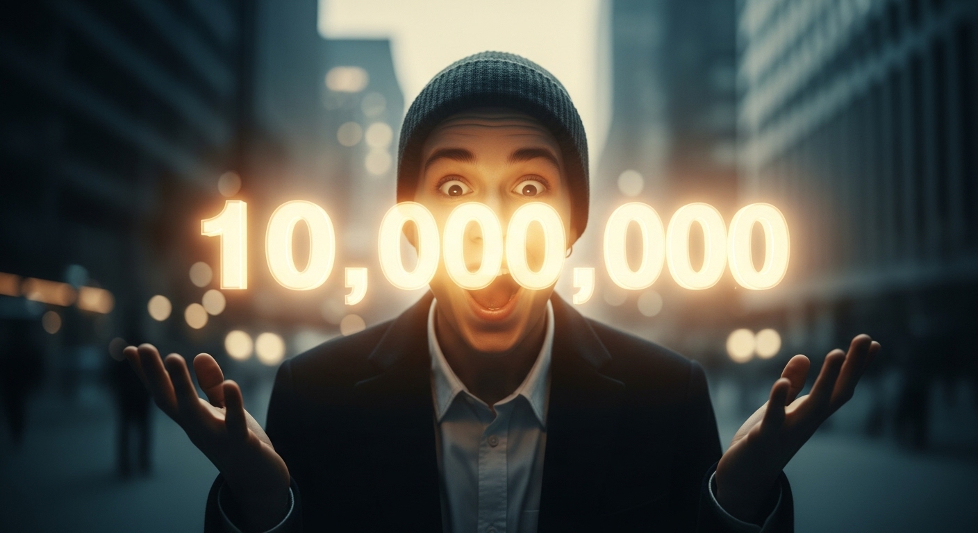 청년이 눈 앞에서 '10,000,000' 숫자가 떠오르는 것을 놀랍게 바라보는 모습