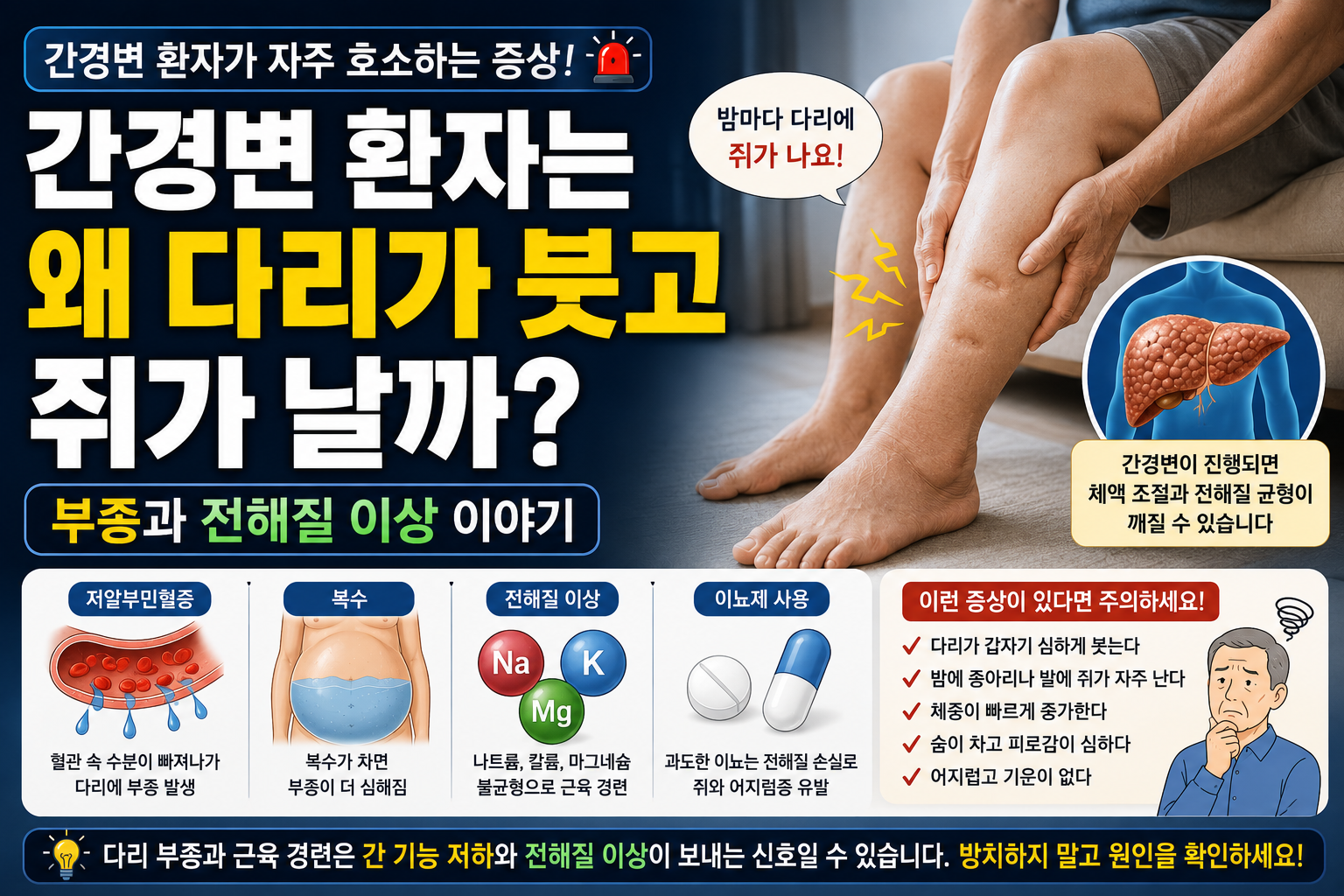 간경변 환자에서 다리 부종과 근육 경련이 발생하는 이유를 알부민 감소, 복수, 전해질 이상과 함께 설명하는 의료 건강정보 썸네일 이미지