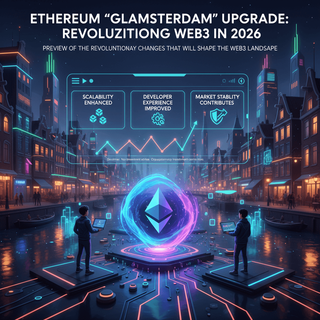 미래 도시 배경에서 이더리움 '글램스터담' 업그레이드를 홍보. 확장성, 개발자 경험 개선, 시장 안정성 기여로 Web3 혁신을 강조하는 모습