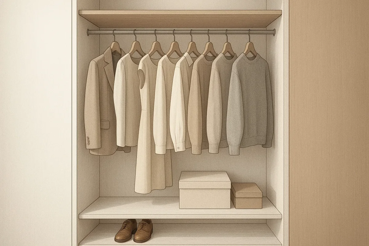 정리된 미니멀 옷장과 스타일리시한 옷들이 걸려있는 깔끔한 옷장 이미지
