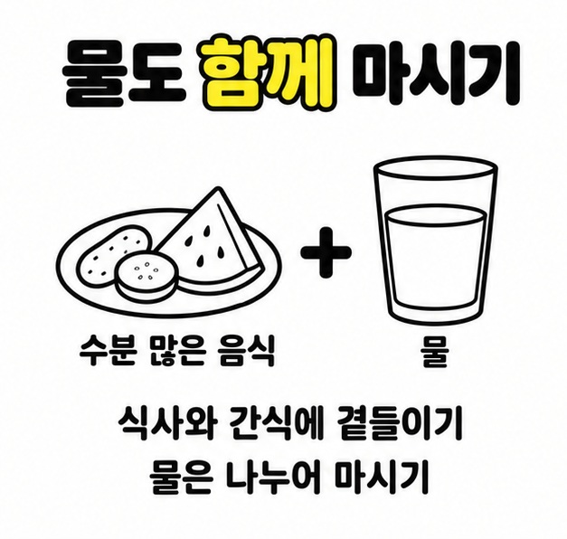수분 많은 음식 접시와 물컵 사이에 더하기 기호를 넣고 식사와 간식에 곁들이며 물은 나누어 마시도록 안내한 이미지