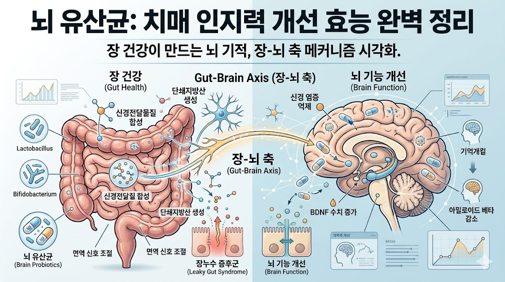 뇌 유산균과 장-뇌 축 메커니즘을 통한 치매 인지력 개선 효능 완벽 정리 인포그래픽