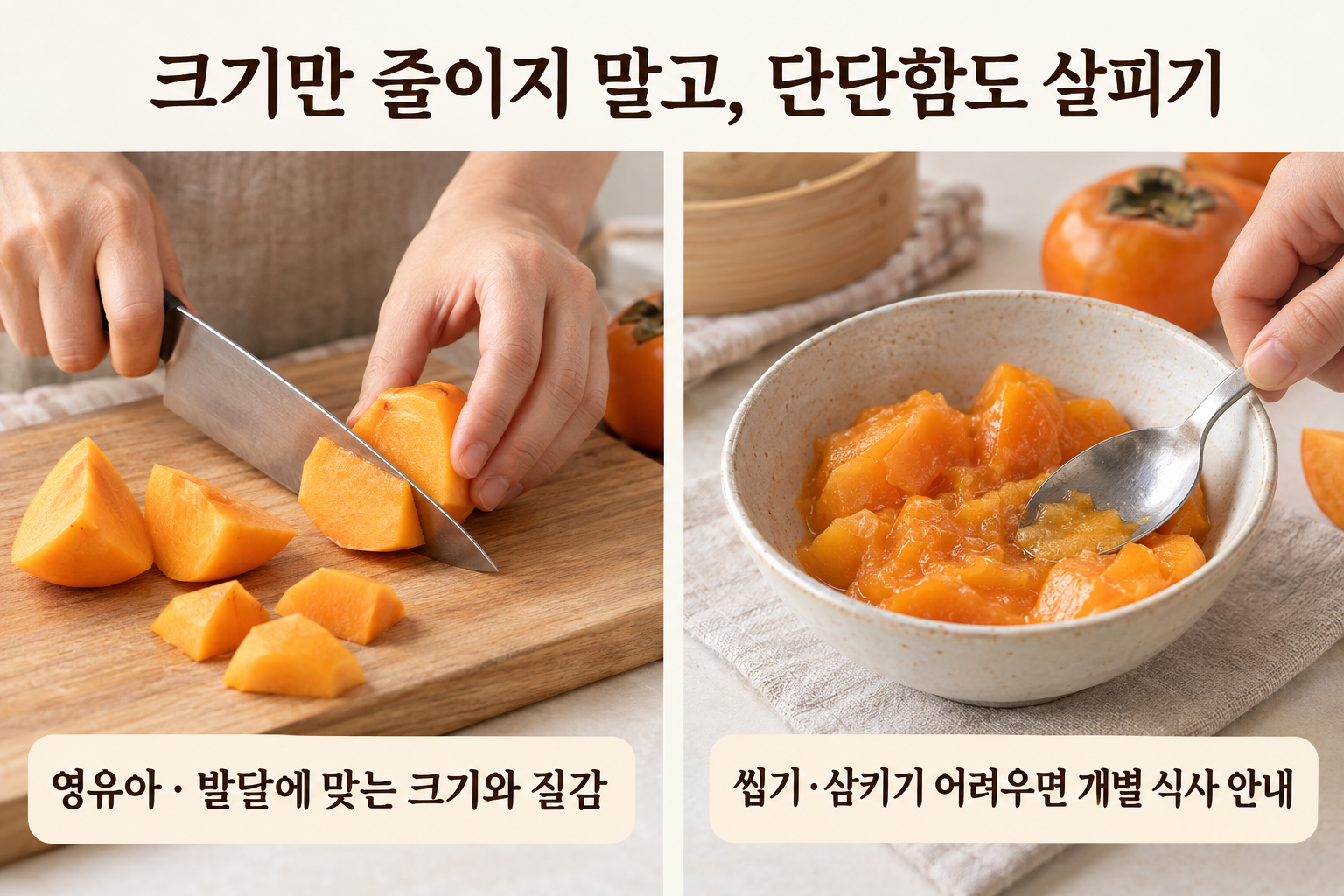 단감을 자르는 손과 부드럽게 익힌 과육을 숟가락으로 눌러 보는 모습. 크기와 단단함을 함께 살핍니다.