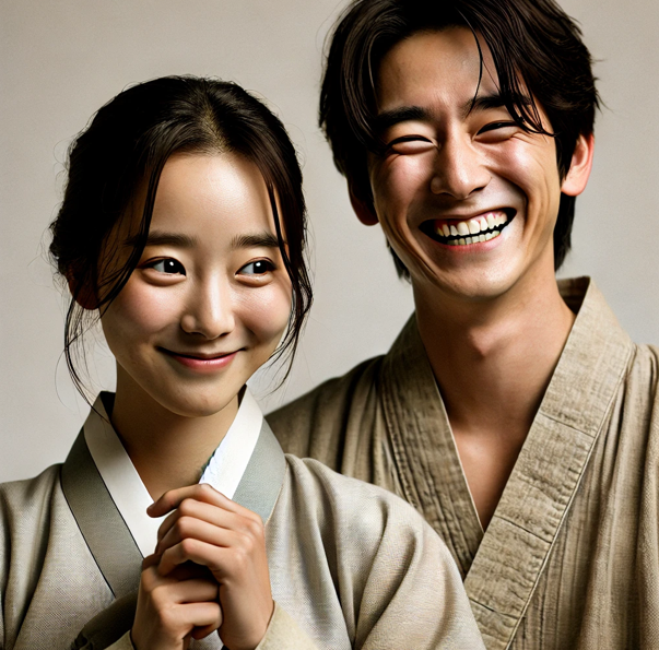 한국 드라마. 가난하지만 행복한 표정의 남녀 주인공