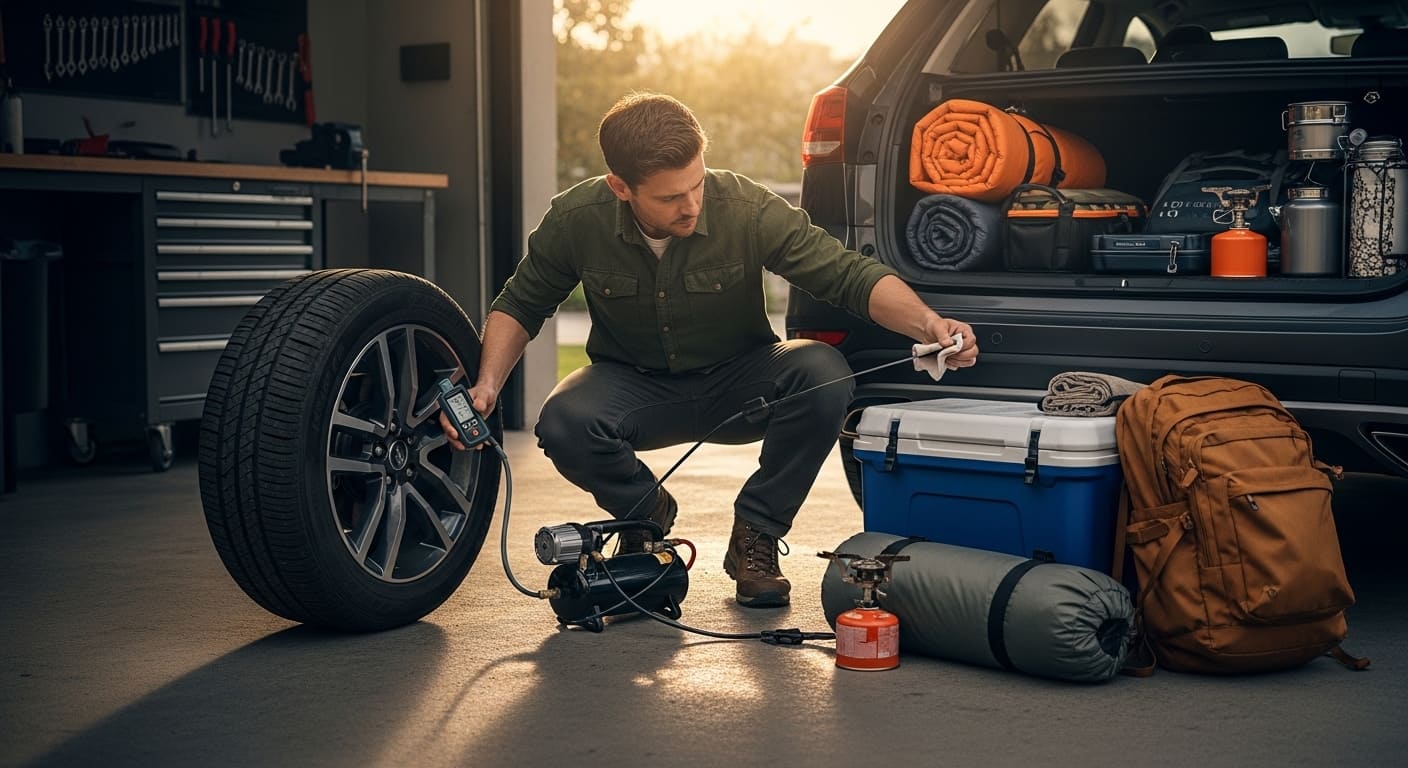 차박 캠핑 출발 전, 타이어 공기압과 엔진오일을 꼼꼼하게 점검하는 모습. 트렁크에는 캠핑 장비들이 잘 정리되어 있다.