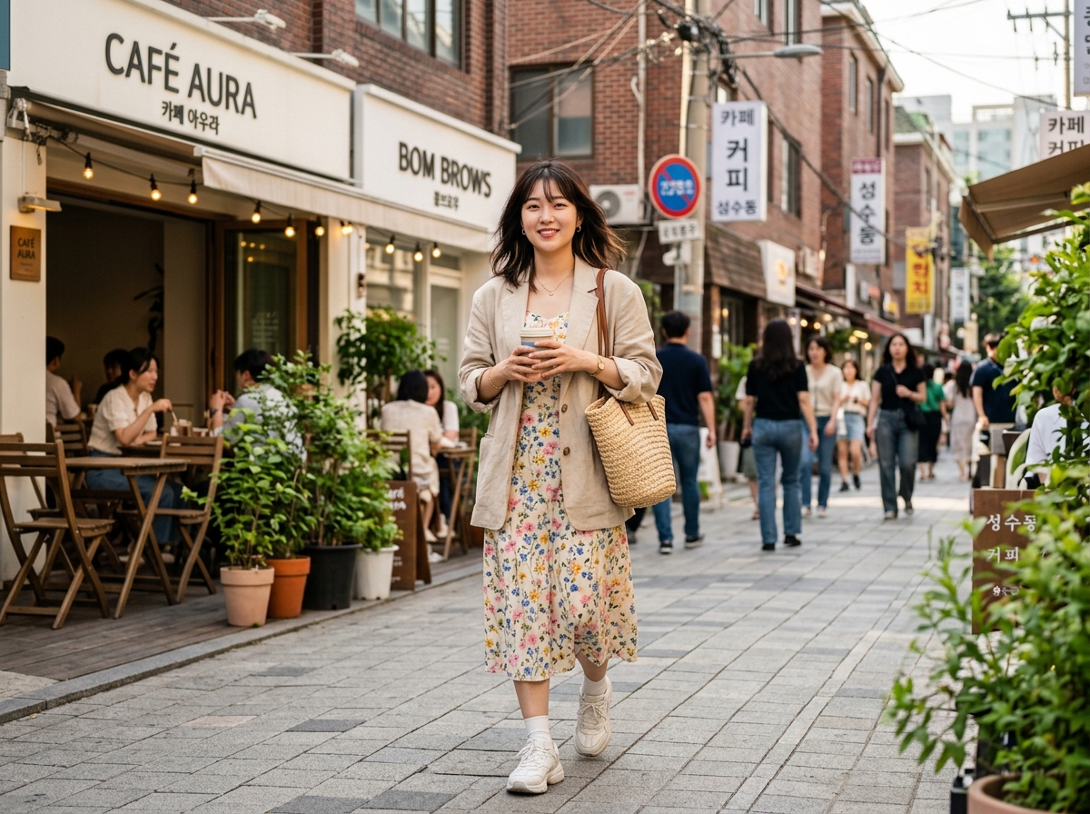 Korean woman wearing floral dress layered with oversized linen jacket, summer street fashion, Seoul cafe district background, natural daylight, 2026 fashion trend, chic casual style