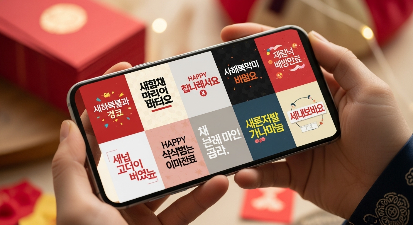 스마트폰 화면에 '2026년 병오년 새해 복 많이 받으세요!' 등 다양한 센스 있는 새해 인사말이 보이는 모습. 개인화된 문구의 중요성을 강조한다.