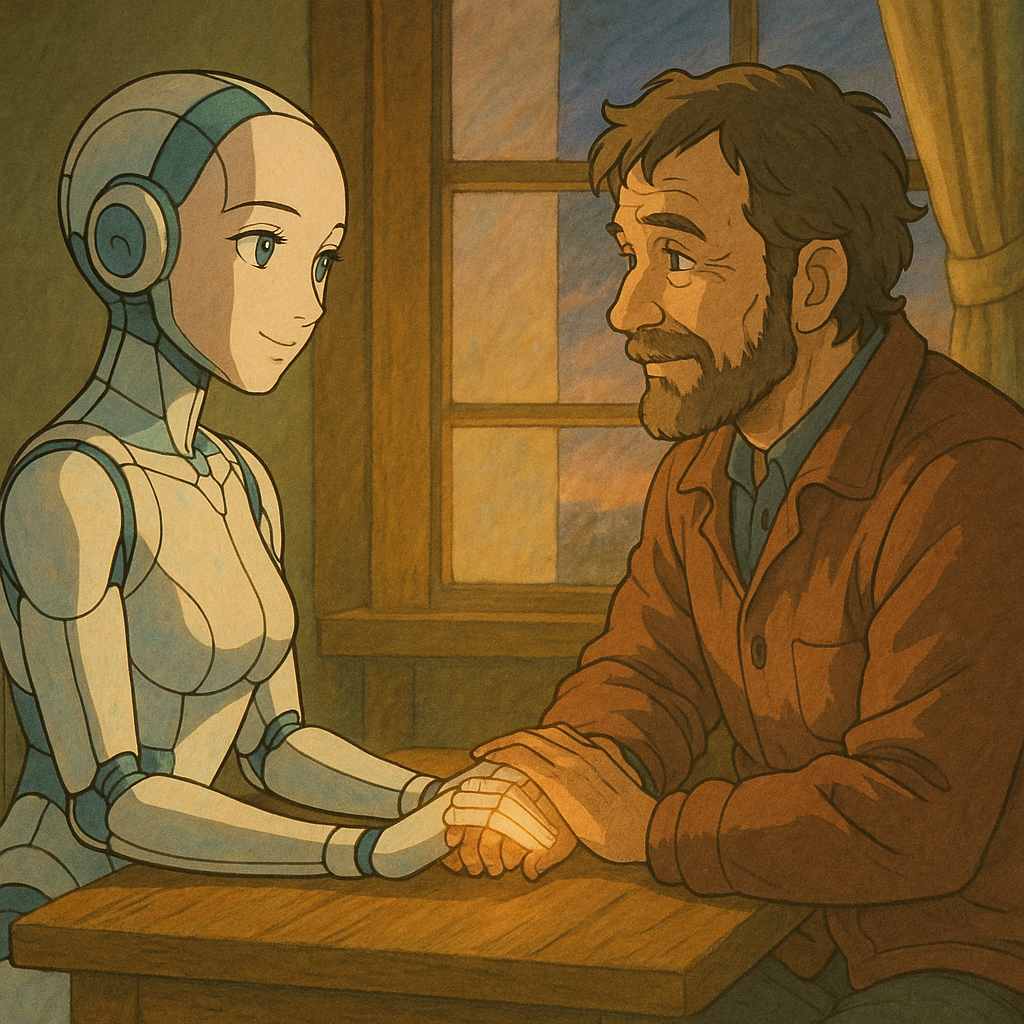 따뜻한 화면 속 AI와 조용히 교감하는 사람 – 거리의 미학과 철학적 우정