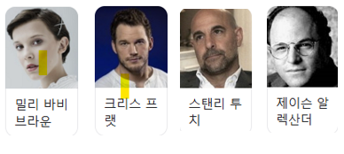 밀리 바비프라운, 크리스 프랫, 스탠리 투치, 제이슨 알렉산더 사진이 차례로 나열되어 있음.