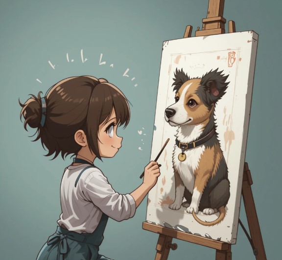 강아지 초상화를 그리고 있는 사람