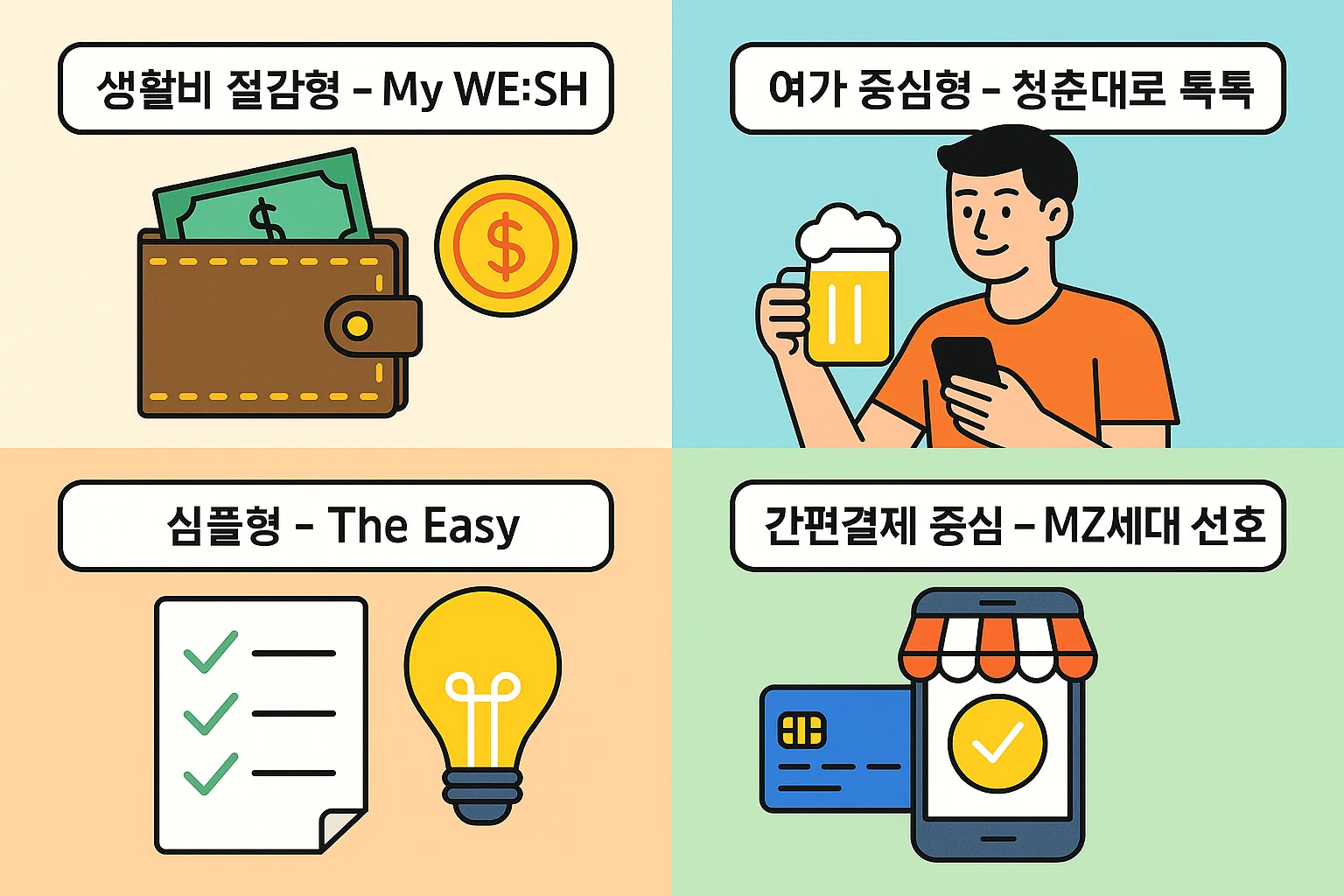 생활비 절감형(My WE:SH), 여가 중심형(청춘대로 톡톡), 심플형(The Easy), 간편결제 중심형 등 MZ세대 선호 카드의 특장점을 비교한 인포그래픽. 2025년 KB 신용카드 맞춤 추천 가이드 이미지.
