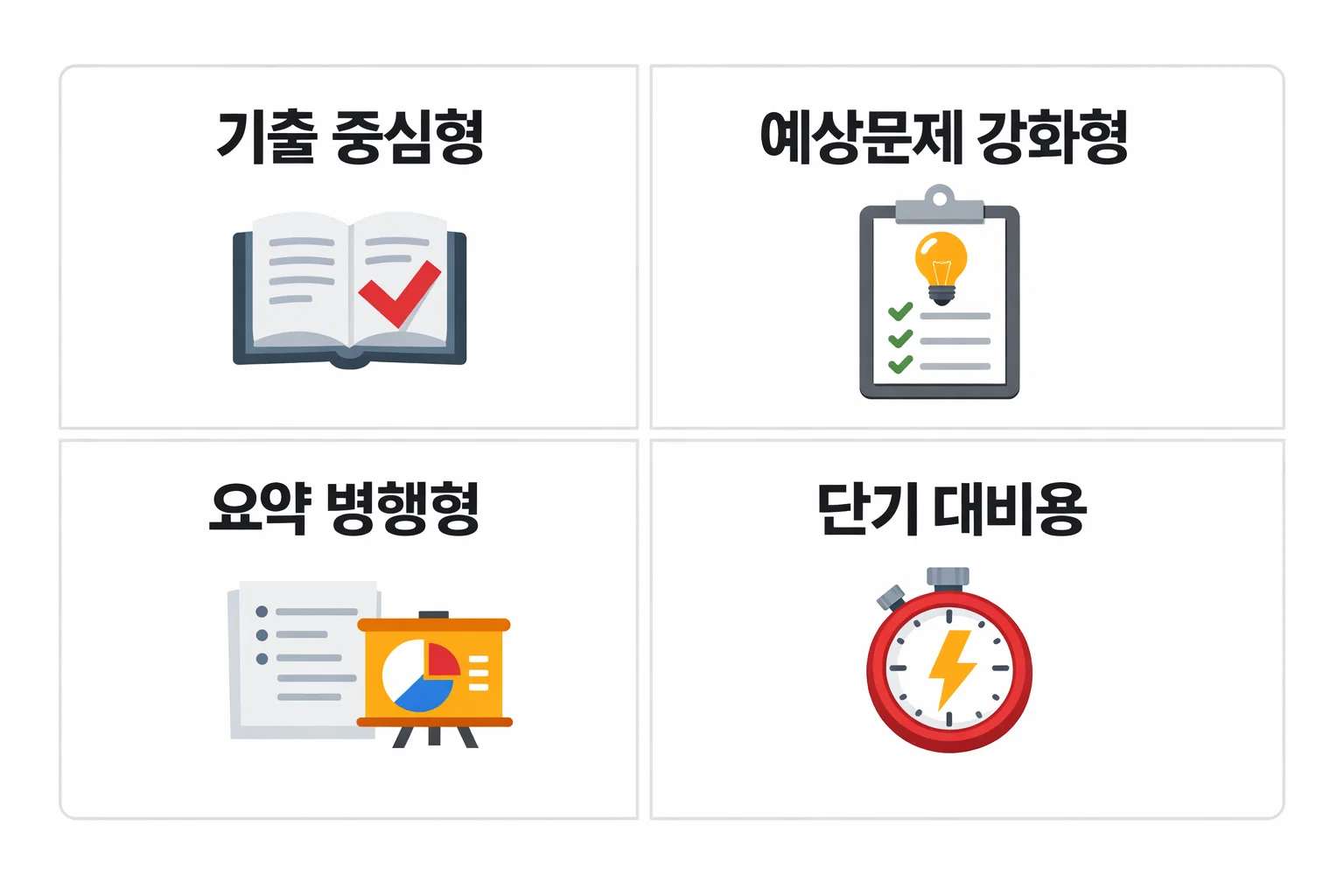 소방안전관리자 2급 문제집을 기출 중심형과 예상문제 강화형으로 나눠 학습 전략별 합격 효율 차이를 설명한 이미지