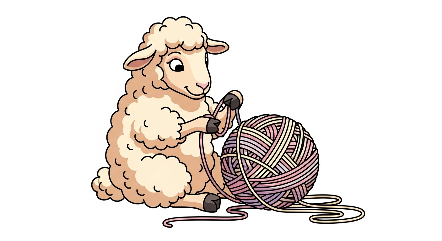 엉킨 털실을 인내심 있게 하나하나 풀어가며 문제를 해결하는 온화한 양 캐릭터 일러스트