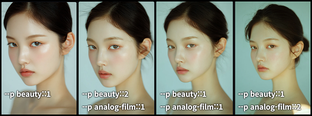 beauty editorial P 코드와 analog film P 코드를 혼합 비율별 인물 포트레이트 이미지 예시_Midjourney