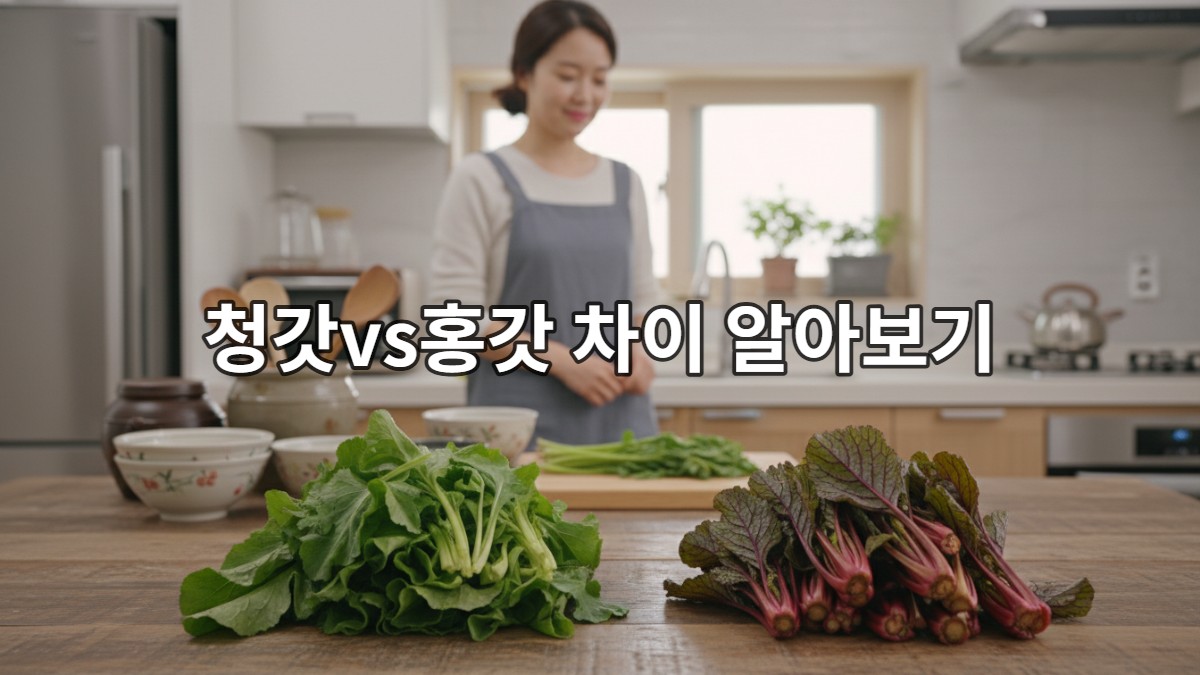 싱그러운 청갓과 붉은빛 홍갓이 나란히 놓인 한국 주방 풍경. 김치 재료로 사용될 신선한 갓의 색감 대비가 돋보입니다.