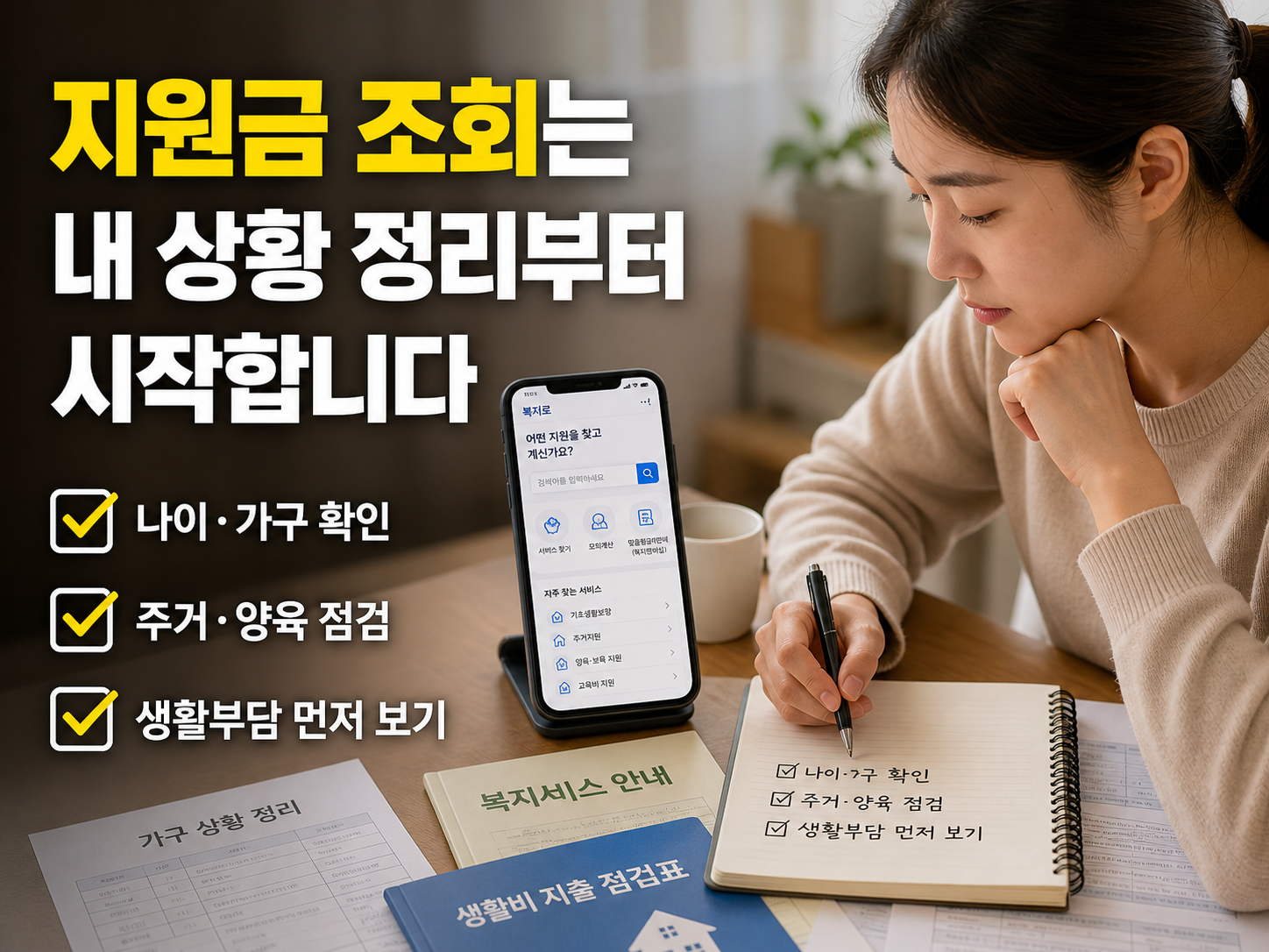 지원금 조회 전에 나이, 가구 형태, 주거 상태, 양육 여부, 생활부담 항목을 먼저 정리하는 방법을 보여주는 체크리스트형 이미지입니다.