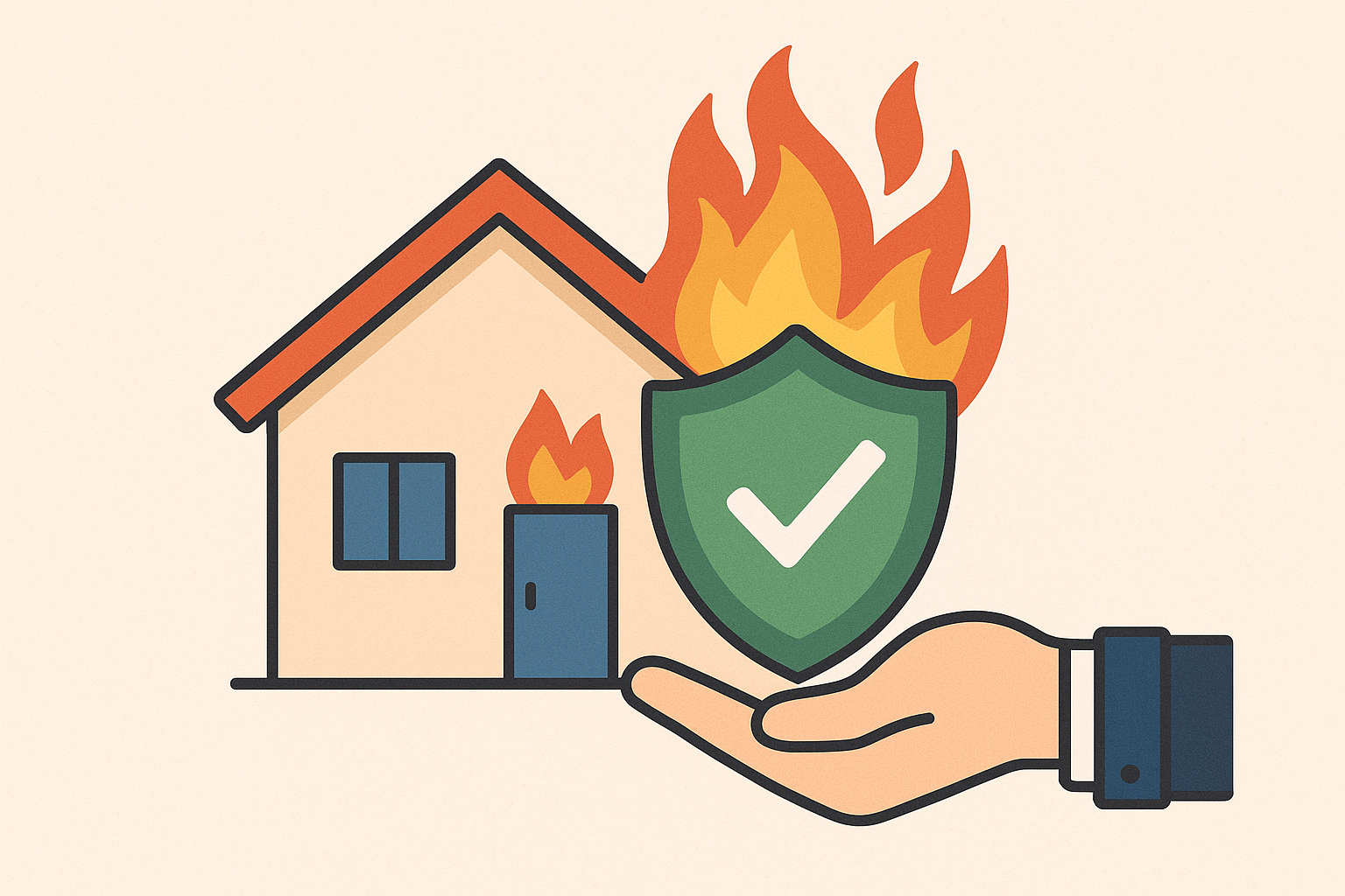 화재가 발생한 주택과 이를 보호하는 방패 아이콘을 들고 있는 손을 표현한 일러스트 – 화재보험의 보장을 상징하는 이미지.