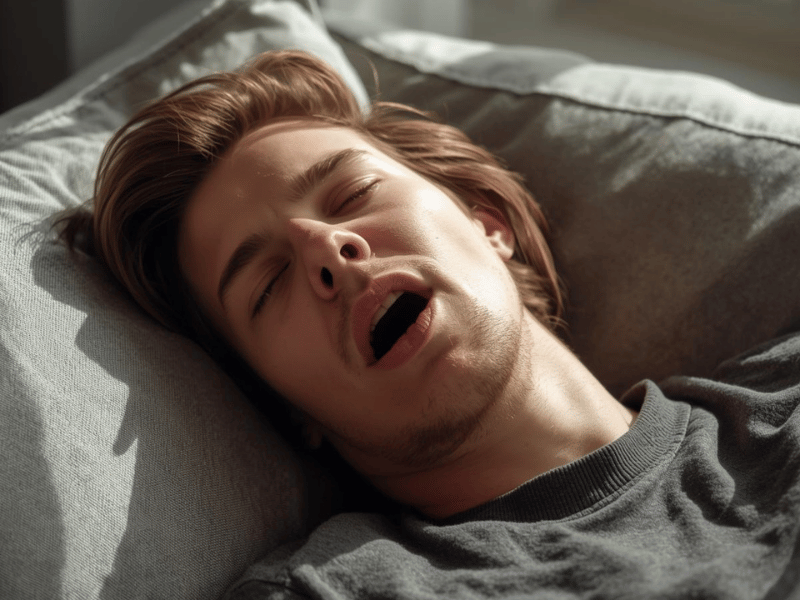 잠자는 동안 입을 벌리고 호흡하여 구강이 건조해지는 모습을 보여주는 이미지.