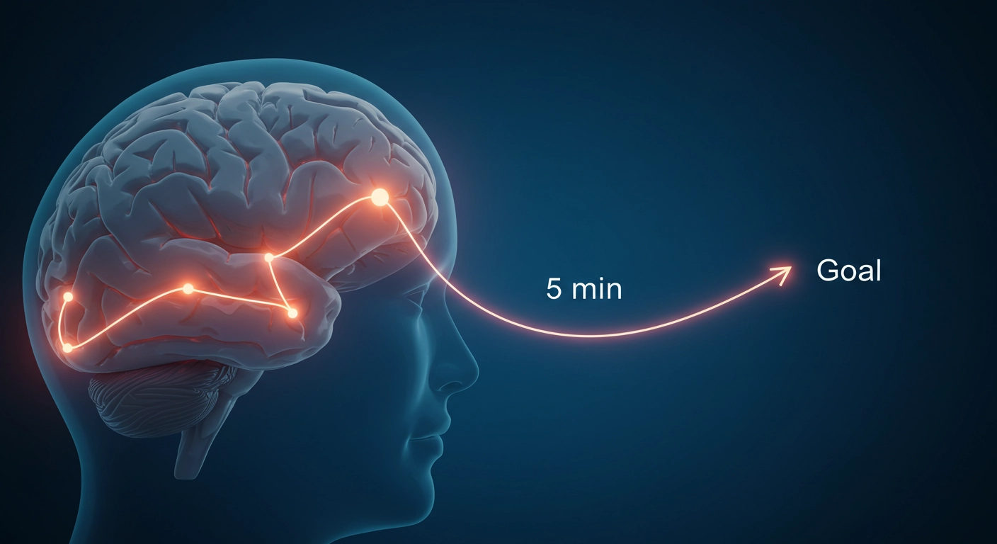 5분 규칙의 뇌과학적 원리를 보여주는 이미지. 뇌 안에서 '5분'이라는 시작점이 '목표(Goal)'까지 이어지는 밝은 신경 경로를 형성하는 모습.
