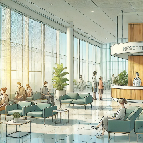 건강검진 장비와 병원 내부 검진 시 행동들을 나타내는 이미지