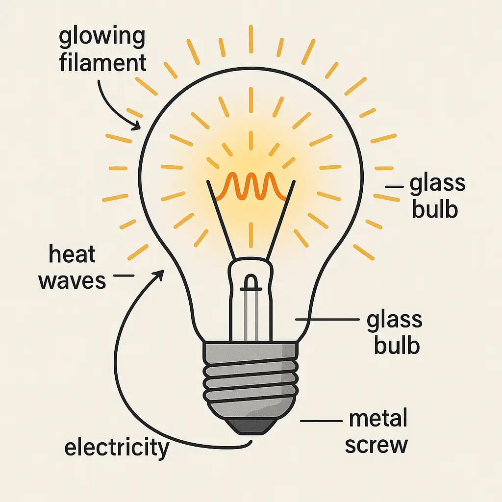전구-속-필라멘트가-전류를-받아-가열되며-빛을-내는-모습을-단면으로-표현한-이미지로,-전기에너지가-열과-빛으로-변환되는-원리를-과학적으로-나타낸-그림