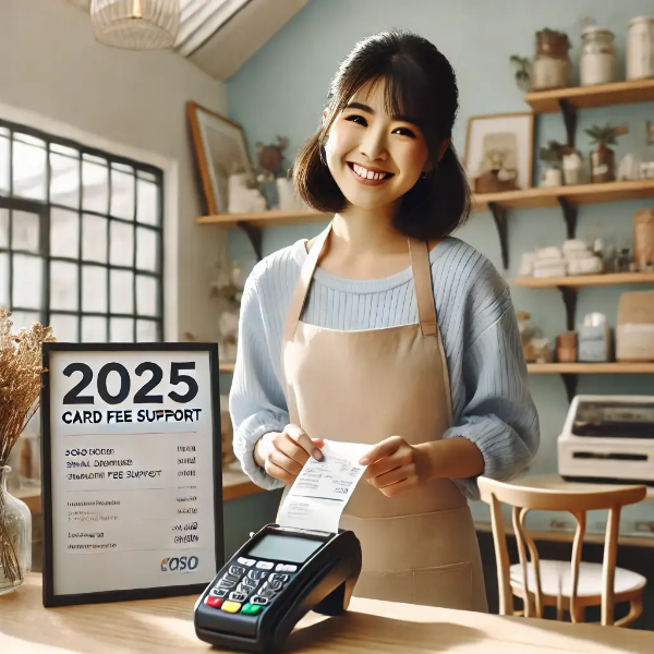 소상공인 매장에서 POS 영수증을 들고 결제수수료 지원 안내문 옆에 서 있는 동양인 여성의 초고해상도 사진