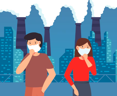 미세먼지로 힘들어하는 두 남여 일러스트