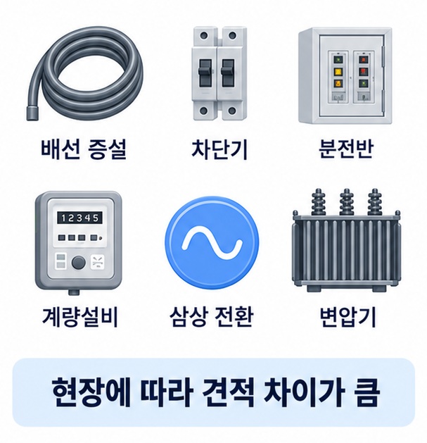 인입선 케이블 차단기 분전반 계량기 변압기 등 전기승압 공사비 항목을 보여주는 이미지
