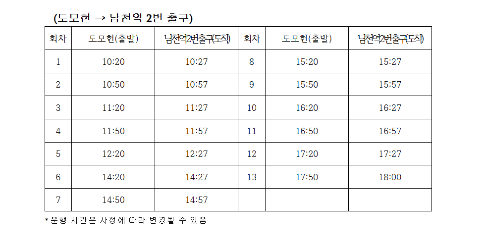 부산 도모헌(옛 부산시장 관사), 셔틀버스 운행 시간표