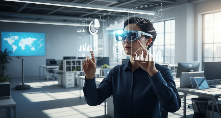 현대적인 사무실에서 스마트 안경을 쓰고 프레젠테이션하는 모습. 안경을 통해 홀로그램 차트와 그래프가 시야에 표시되어 효율적인 업무 처리를 돕는 장면이다.
