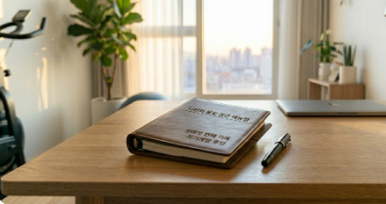 고몰입 환경 설계 매뉴얼과 바인더 기록으로 완성된 5시 루틴 홈 오피스 작업실 사진 (A photo of a 5 AM routine home office workshop with a minimalist setup manual and binder records)