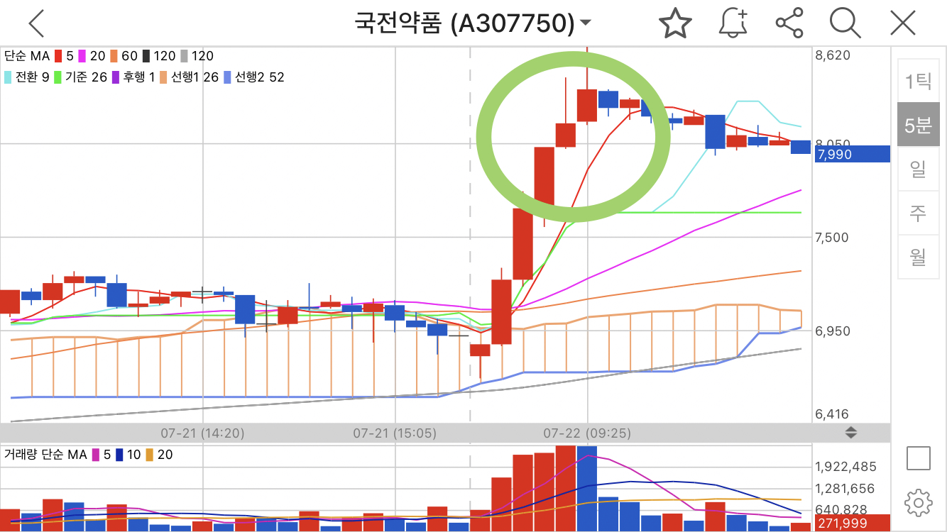 국전약품 5분봉 매매시점