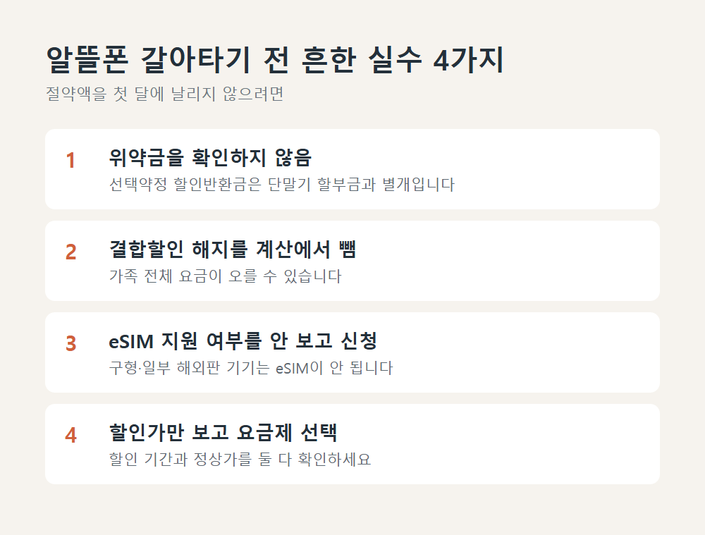 알뜰폰 갈아타기 전 흔한 실수 4가지: 위약금, 결합할인, eSIM 지원, 할인가