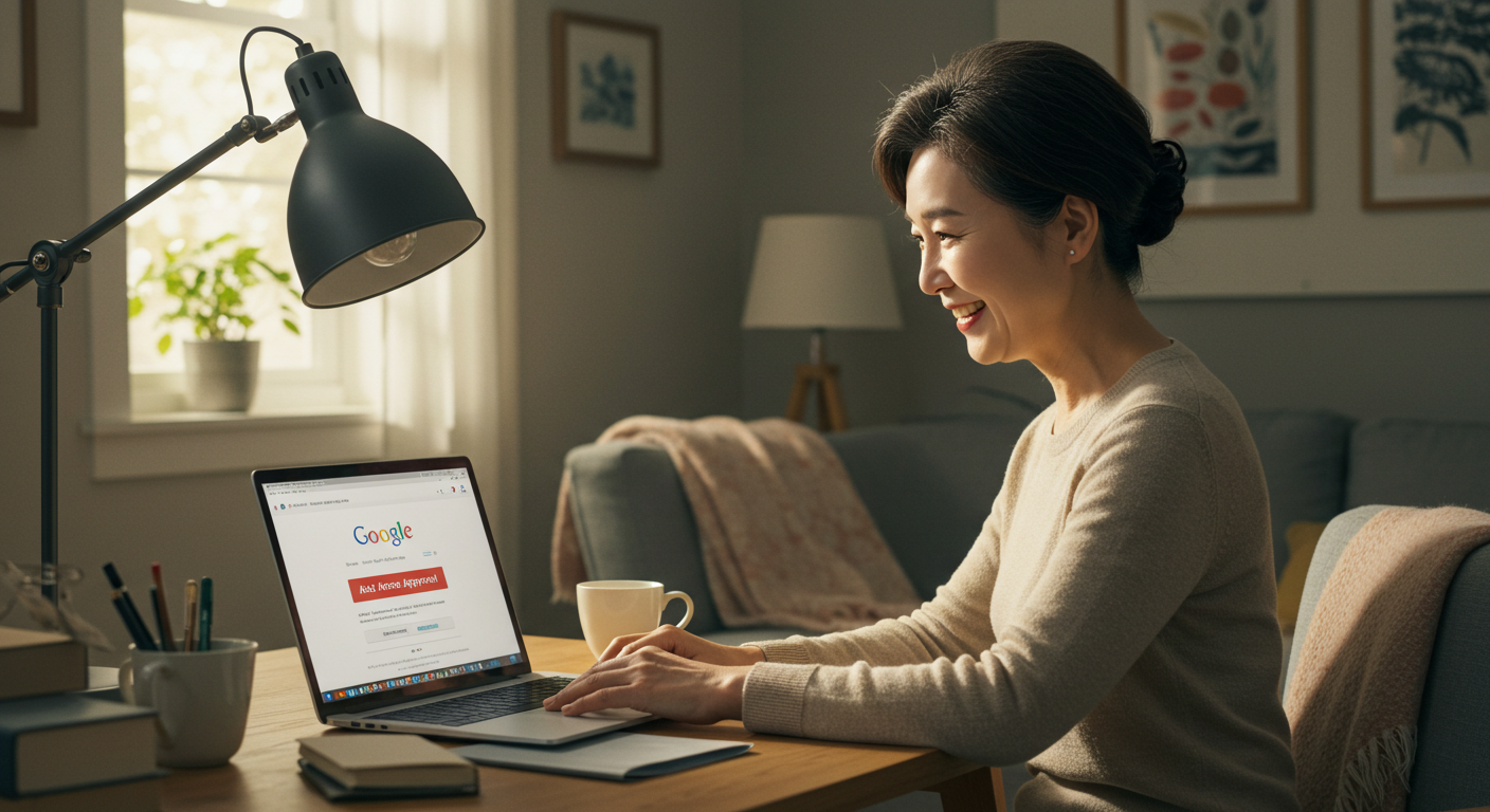 애드센스 승인 메시지를 보는 여성