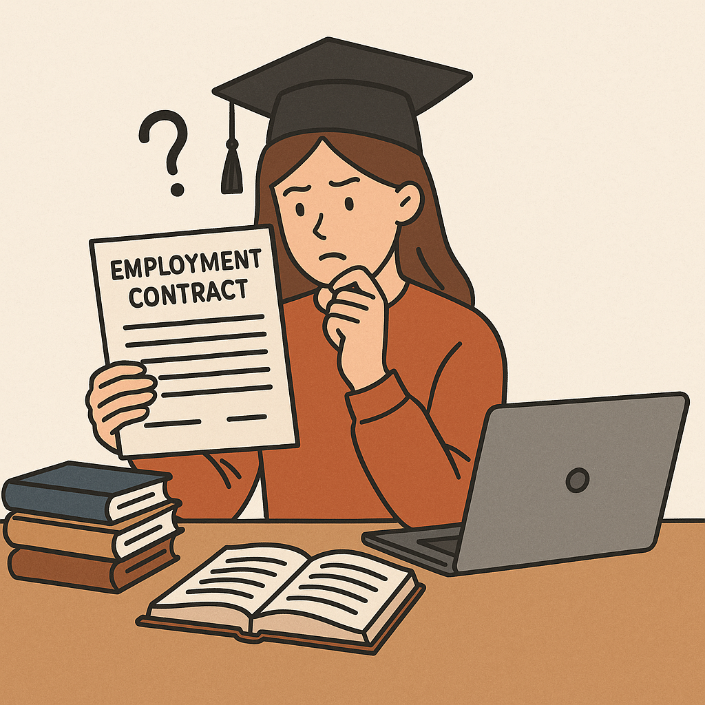 대학원생이 근로계약서를 보며 고민하고 있는 모습의 일러스트