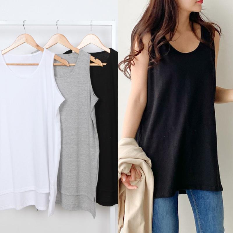 1+1 언발 트임 레이어드 롱나시 라운드 이너 티셔츠 여성 나시