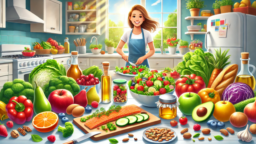 유방암 예방에 효과적인 건강한 식단을 만들고 있는 모습을 표현한 그림