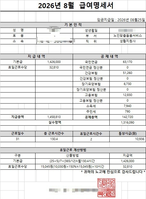 2026 생활지원사 실제 급여명세서