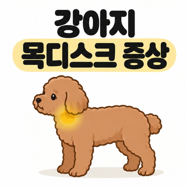 강아지 목디스크 증상 제목 아래 갈색 강아지가 옆모습으로 서 있고 목 부위에 노란색 강조가 표시된 삽화