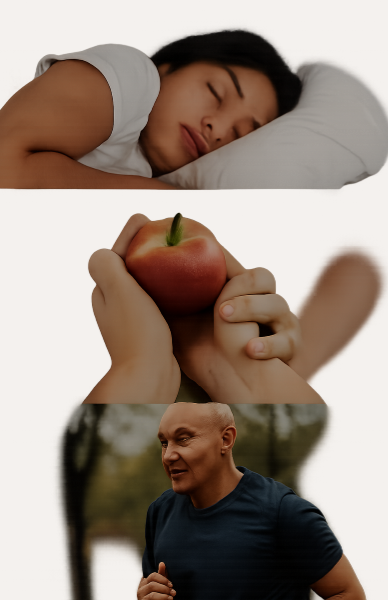 평온하게 잠든 인물, 사과를 들고 있는 손, 공원에서 조깅하는 남성이 등장하며, 수면·영양·운동이라는 건강의 세 축을 시각적으로 표현함.