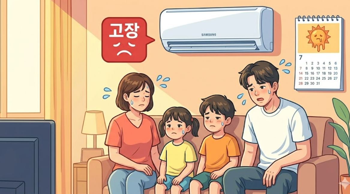 에어컨 고장으로 힘들어하는 가족의 모습 이미지